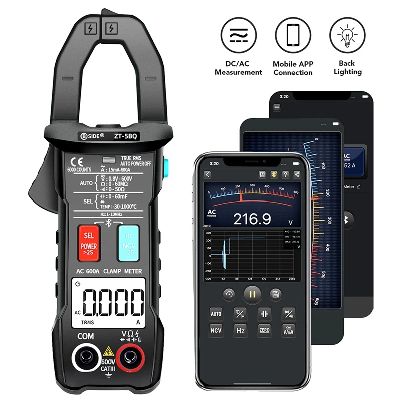 BSIDE ZT-5BQ Bluetooth Clamp Meter Digital Current Meter AC/DC Voltmeter Ammeter Auto Range Tester Black