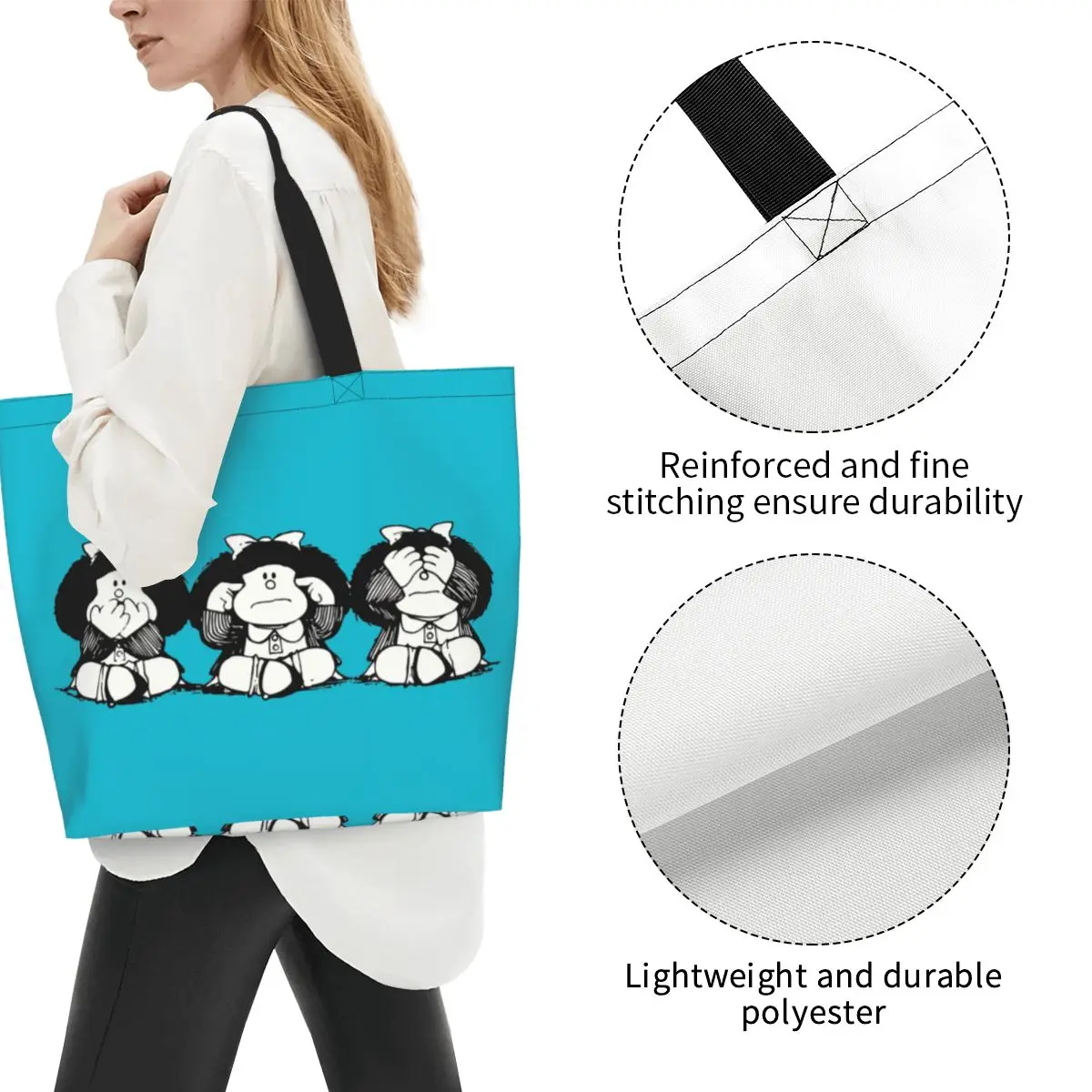 مخصص أزياء طباعة الفكاهة مافالدا حمل حقيبة تسوق قماش دائم الكتف المتسوق الكرتون مانغا كوينو حقيبة يد