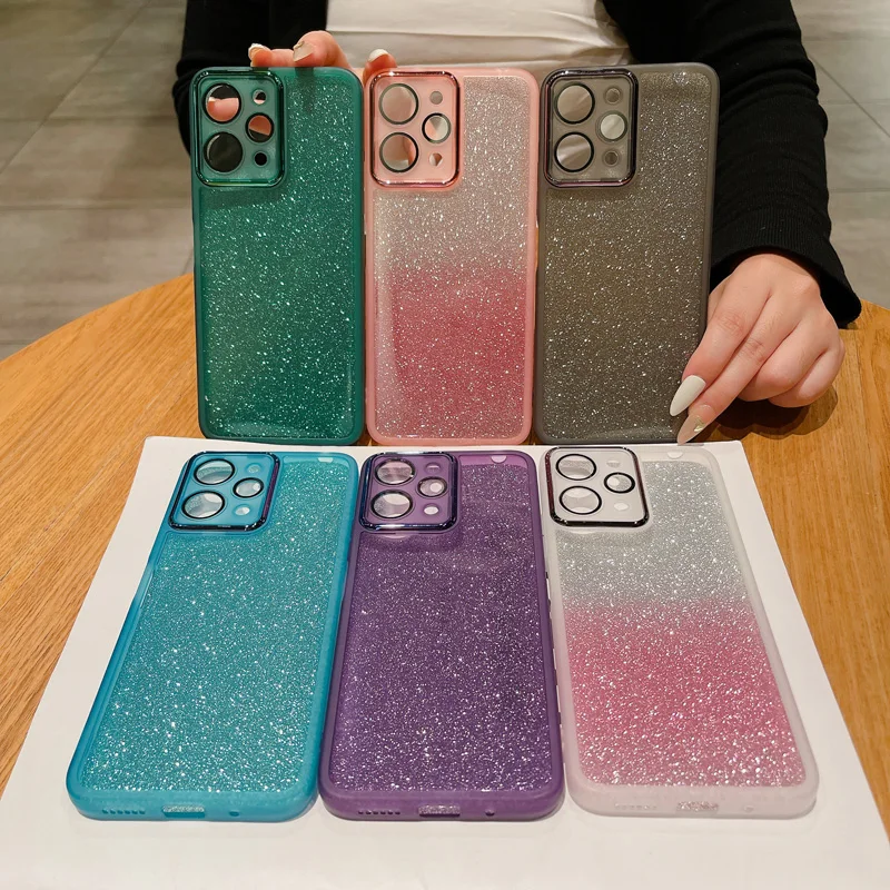 For REDMI 13C Case Gradient Color Glitter Camera Ring Bumper Case for Xiaomi REDMI Note12S 12 Pro Plus 12C Silicone Soft Cover