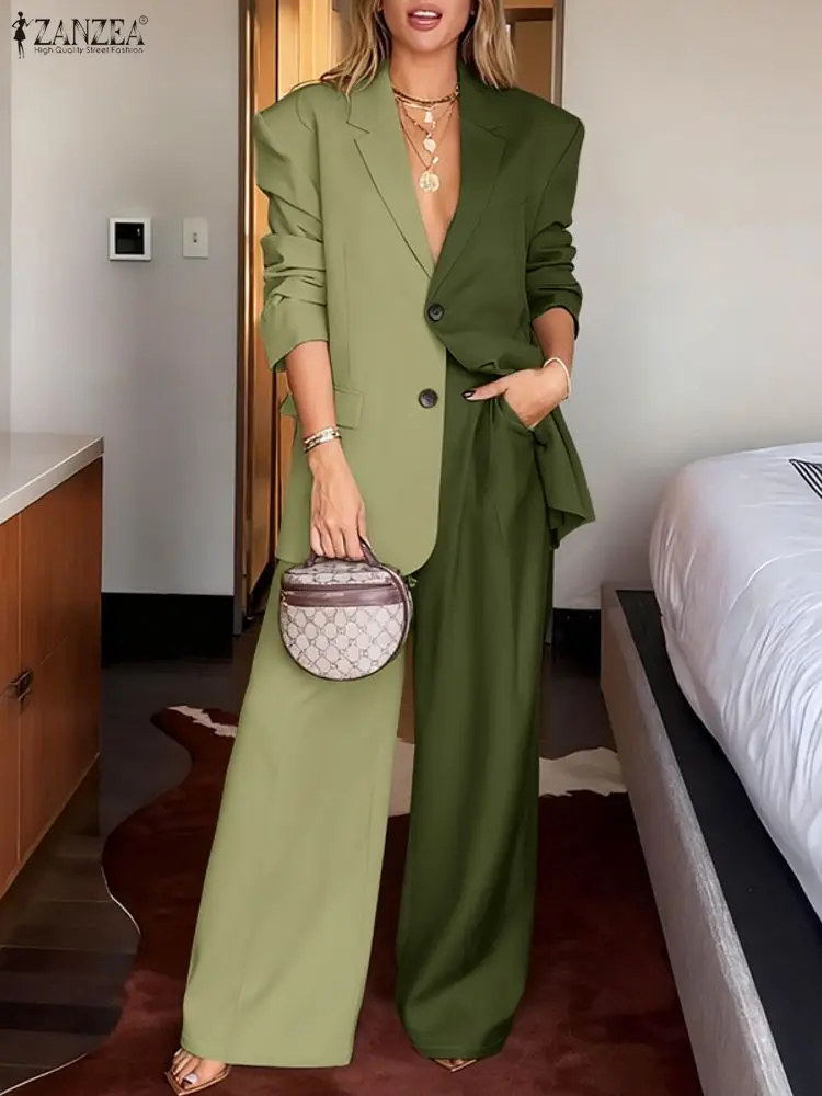 

ZANZEA Autumn 2PCS Outfits Office 2 Piece Sets Fashion Women Blazer Suit Long Sleeve Blazer Wide Leg Pants Sets Tracksuit 2025
