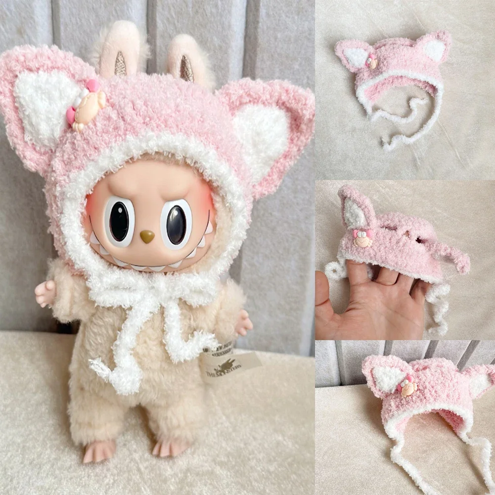 17cm Mini Plush Doll'S Clothes Outfit Accessories For Korea Kpop Exo Labubu Idol Dolls handmade pink white ear hat DIY Kid Gift