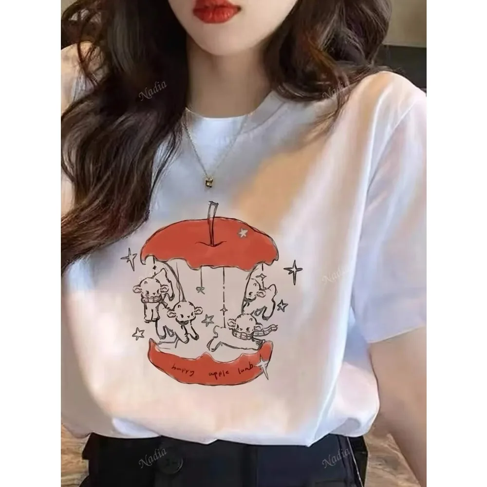 

2025 Casual Fairy Tale Theme White Short-Sleeve T-Shirt, Cute Women's Top with Unique Apple Print Clothing Comfortable Cotton