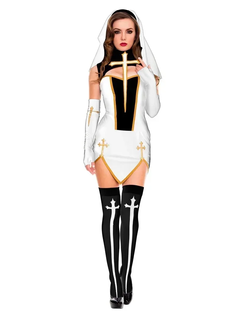 Volledige Set Sexy Slechte Gewoonte Nun Kostuum Vrouwen Exotische Rollenspel Uniform Adult Halloween Cosplay Religieuze   Dress