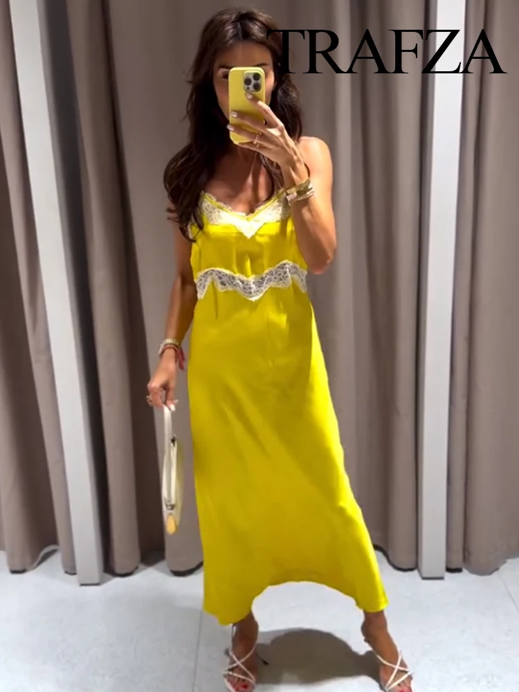 

HH Summer Woman Sexy High Street Sleeveless Slim Party Dress 2025 Women V-Neck Lace Splicing Decoration Sling Dress