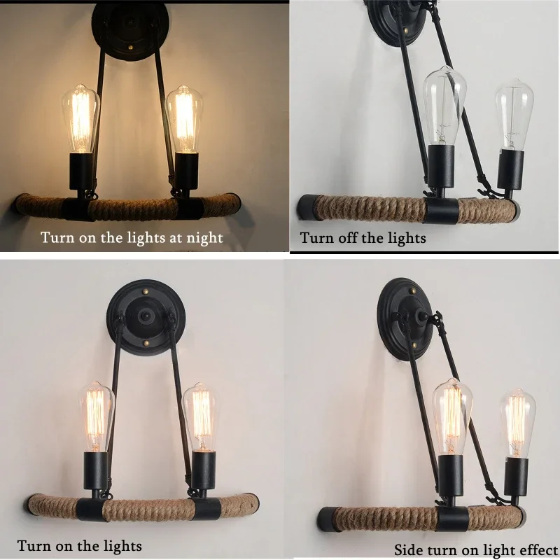 

SANDYHA Creative Wood Hemp Rope Wall Lamp Vintage Industrial Wall Light for Bedroom Hallway Decorative Lighting Modern Home