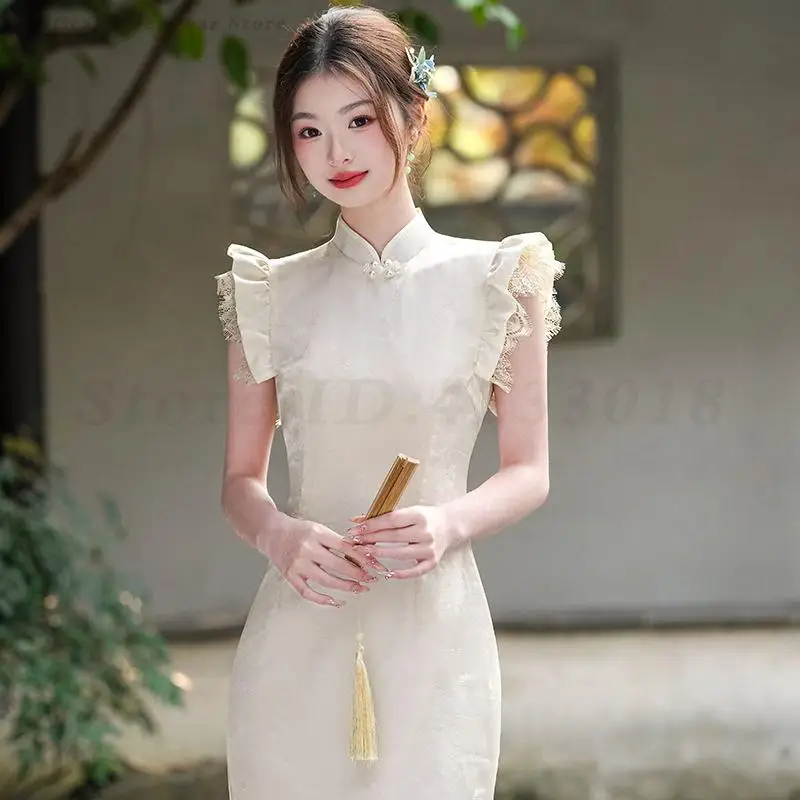 

Lace Flying Sleeve Cheongsam Temperament Elegant Qipao Wedding Banquet Party Dress White Bridal Gown New Chinese Style Dress