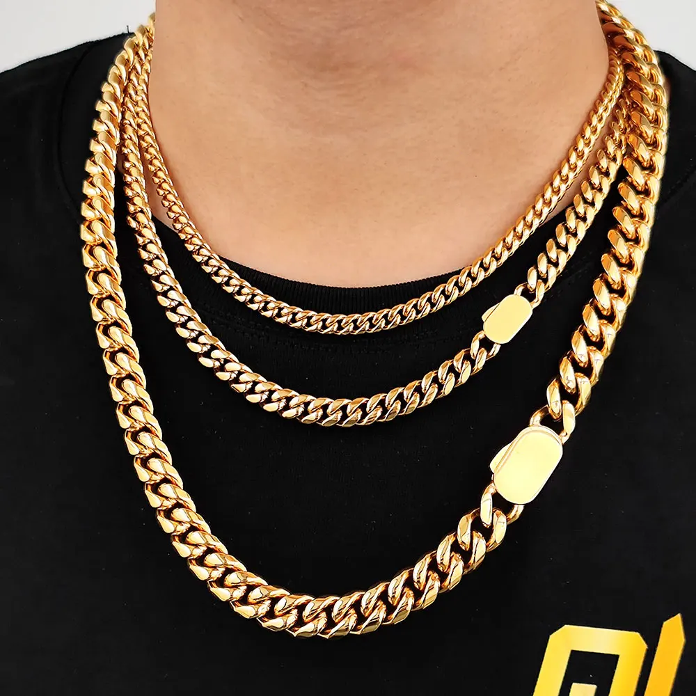 Hip Hop Stainless Steel Cuban Chain Necklace 18K Gold Plated Color For Men Women Collar Cubano Jewelry