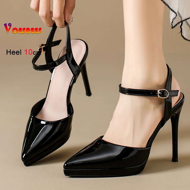 

Летние черные женские туфли-лодочки из лакированной кожи с острым носком, на тонком каблуке 8/10 см, на платформе, с ремешками на щиколотке, для вечеринок