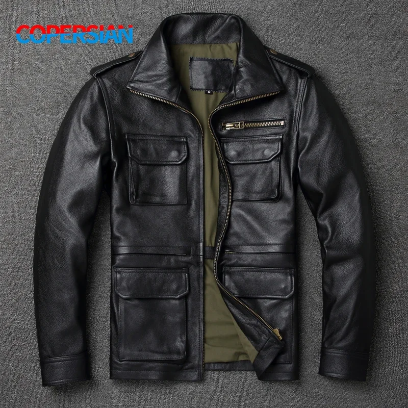 2023Autumn latest Top Cowhide Men's Leather Jacket Oversized  Man Real Leather Motorcycle Style Hunting Style Leather Coat