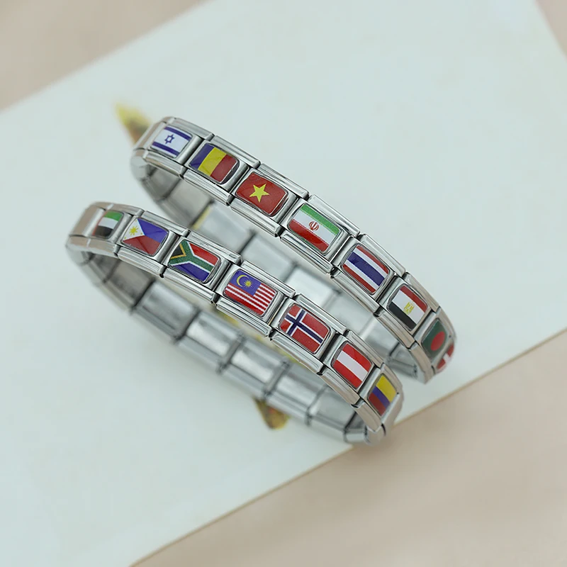 Hapiship 2024 Women's Fashion New World National Flag Italian Charm Link Beads Fit 9mm Bracelet Stainless Steel DIYJewelry TZ013