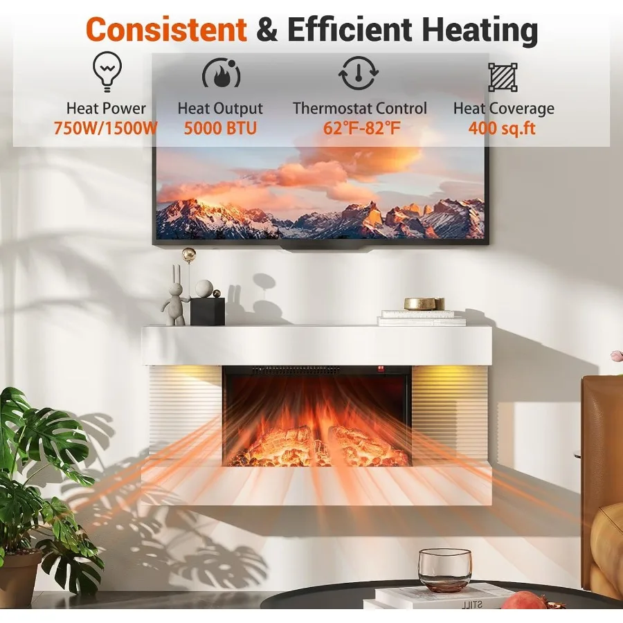 مدفأة كهربائية مثبتة على الحائط مقاس 18 بوصة مع رف عائم مقاس 32 بوصة وجهاز تحكم عن بعد تصميم ثلاثي الجوانب يتميز بـ 12 Am قابل للتعديل #4