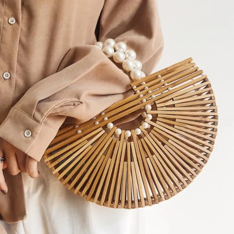 

Бамбуковая полукруглая сумка ручной работы, сумка для пляжного отдыха, сумка для макияжа с ручкой из бисера, тканая сумка для хранения, органайзер для дома