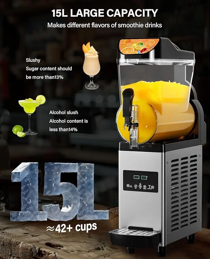 Commercial Slushy เครื่อง,15L/3.96 แกลลอนเครื่อง Margarita,450W สแตนเลสสตีลสมูทตี้เครื่องดื่มแช่แข็ง Maker,ทําความสะอาดด้วยตนเอง