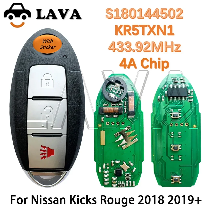 LAVA Nissan Kicks Rouge 2018 2019+ 433MHz 4A Chip PN:285E3-5RA0A FCC ID:KR5TXN1 S180144502 With Light With Logo Remote Key