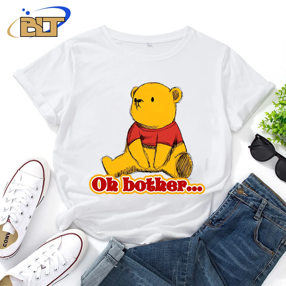 Camiseta con estampado de Winnie The Pooh para mujer, Tops informales, manga corta de algodón blanco