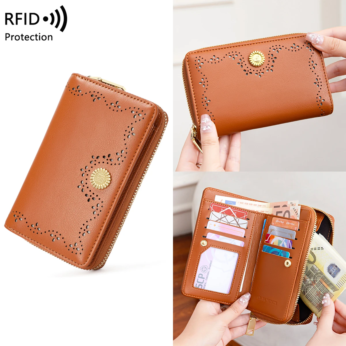 Vintage Hollow Anti-Theft Zipper Wallet for Women, Anti-Theft Brush, Fashion Short Wallet, Multi-functional