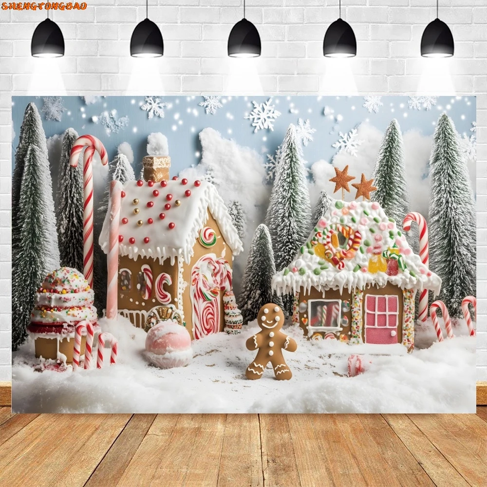 الأبيض الثلوج الصنوبر الغابات الزنجبيل منزل خلفية قصب الحلوى مصاصة كوكي رجل الاطفال صورة التصوير خلفية ديكور الدعامة