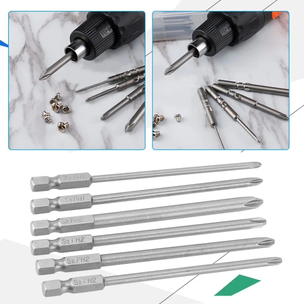 10pcs S2 Steel Screwdriver Bit Set PH1 PH2 1/4 Inch Hex Shank Slot Screwdriver Bits Magnetic 100mm Length Drive Drill Bits
