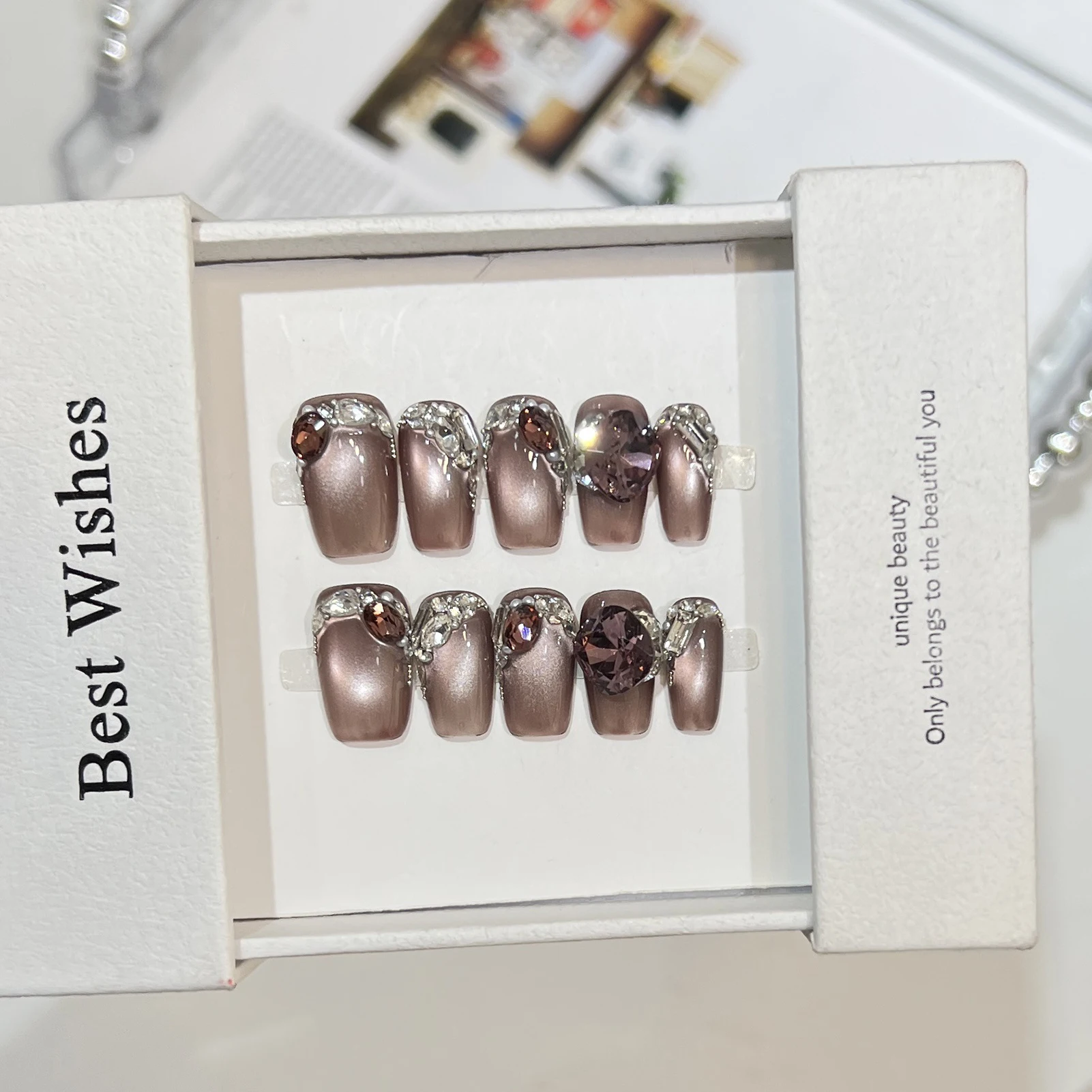 10 قطعة الكشمش الأسود القط العين الزجاج حبة الأظافر وهمية مع الزركون الراين اليدوية الصحافة على الأظافر للنساء ملابس الحفلات #4