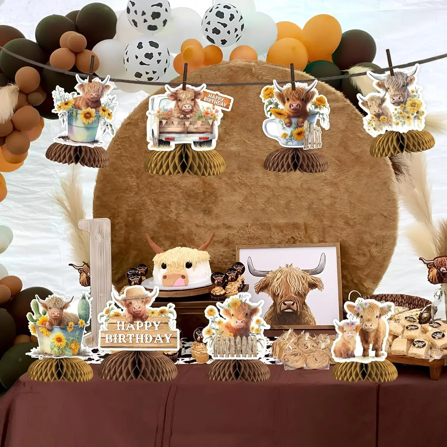 Highland Cow Honeycomb Centerpieces, Western Farm, Birthday Party Decor, Brown Cattle Print, Table Supplies