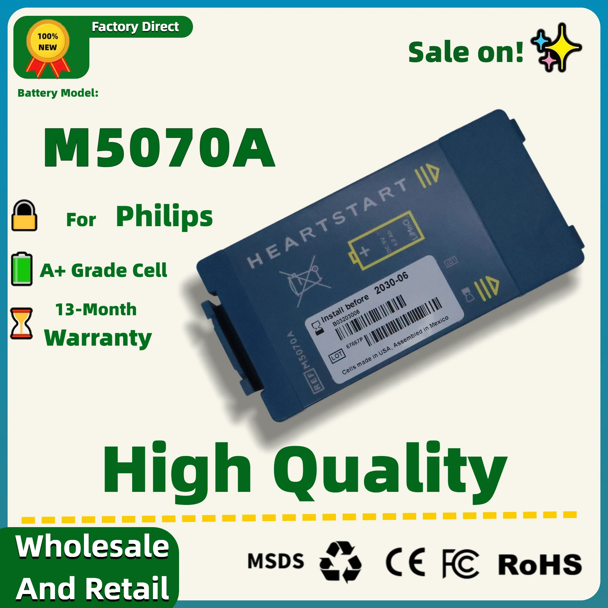 FRLAN 9V 4.2Ah M5070A Medical Battery For Philips HeartStart FRx, Home Defibrillator, HS1, OnSite Series M5066A M5067A M5068A