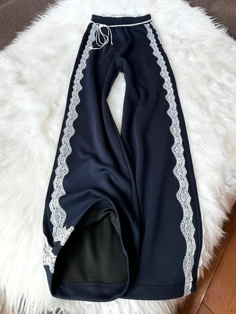 

Женские брюки с кружевной отделкой, весенне-летние, спортивные, широкие, повседневные, для джазовых танцев, с высокой талией, прямые, в корейском стиле