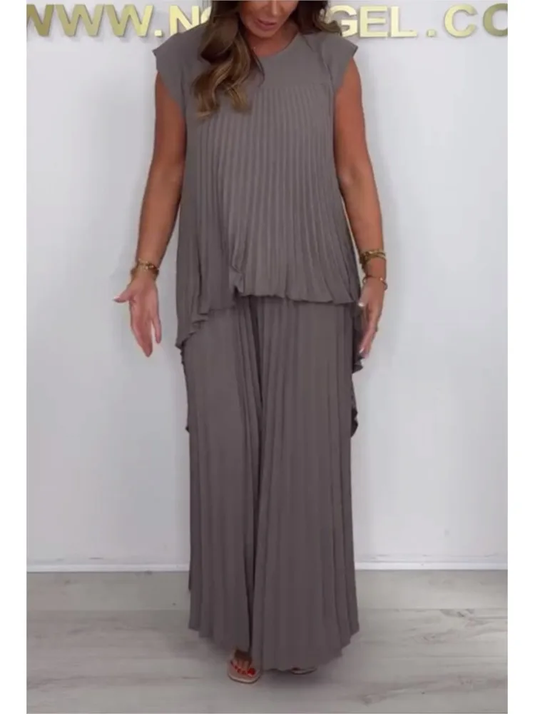 

Summer Solid Color Casual Vacation Two-piece Set 2026 Elegant Women Pleated Irregular O-neck Sleeveless Top Wide-leg Pants Suit