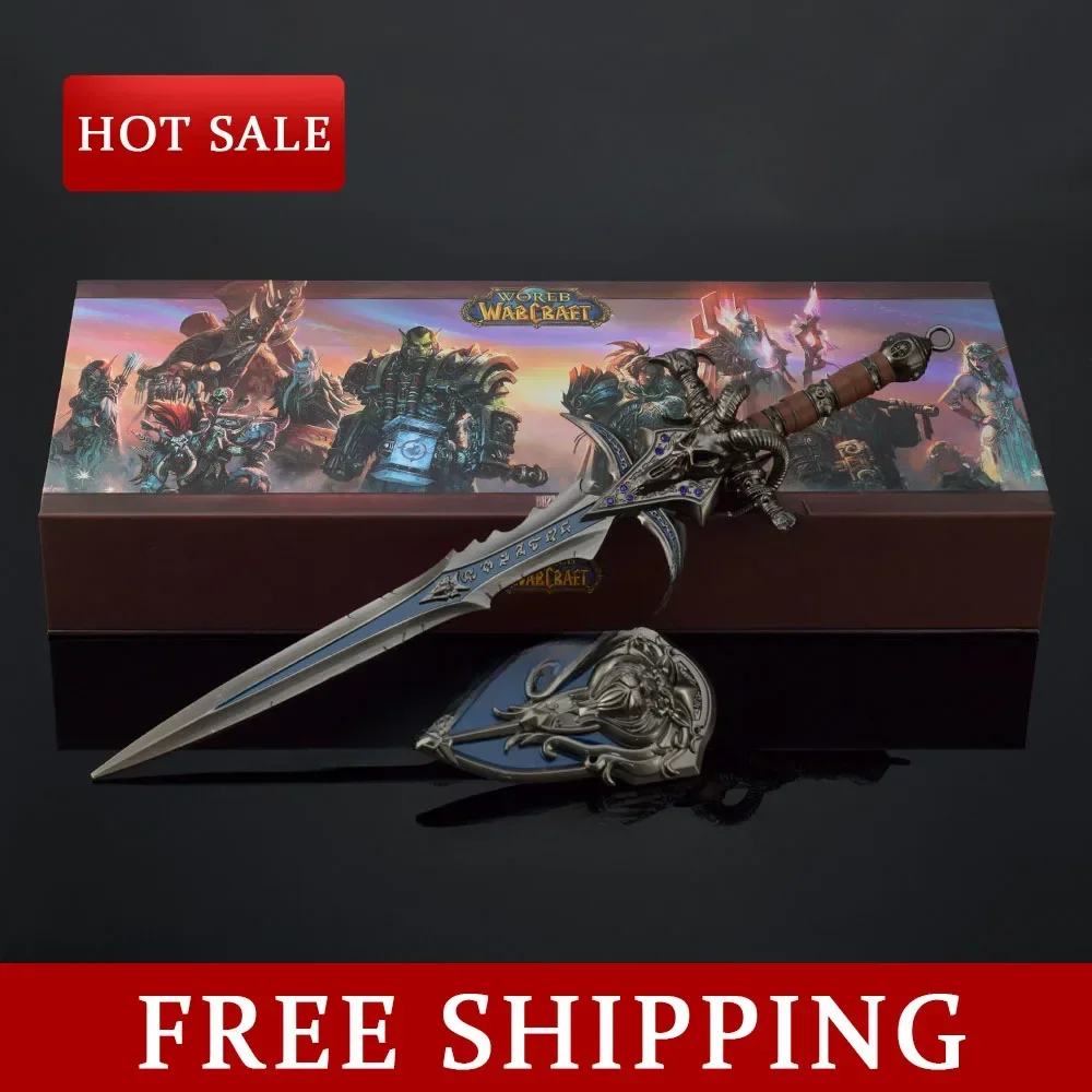 30CM World of Warcraft Frostmourne Sword with Gold Lion Shield Gift Box Game Periphery Metal Craft Model Ornaments Cosplay Toys