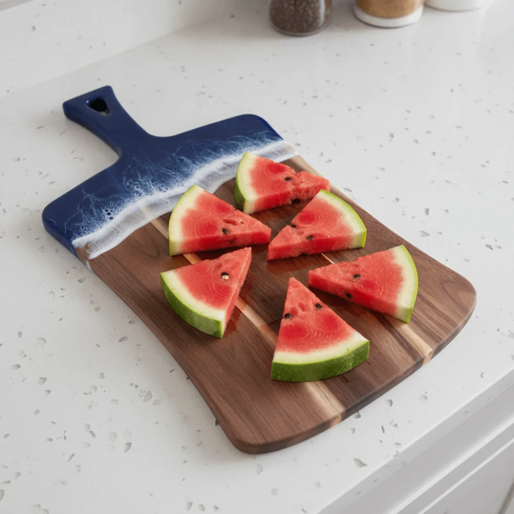 Sea Wave Pattern Resin-Wood Splicing Cutting Board Hanging Handle Rectangular Cheese Platter Thickened Chopping Block Gift
