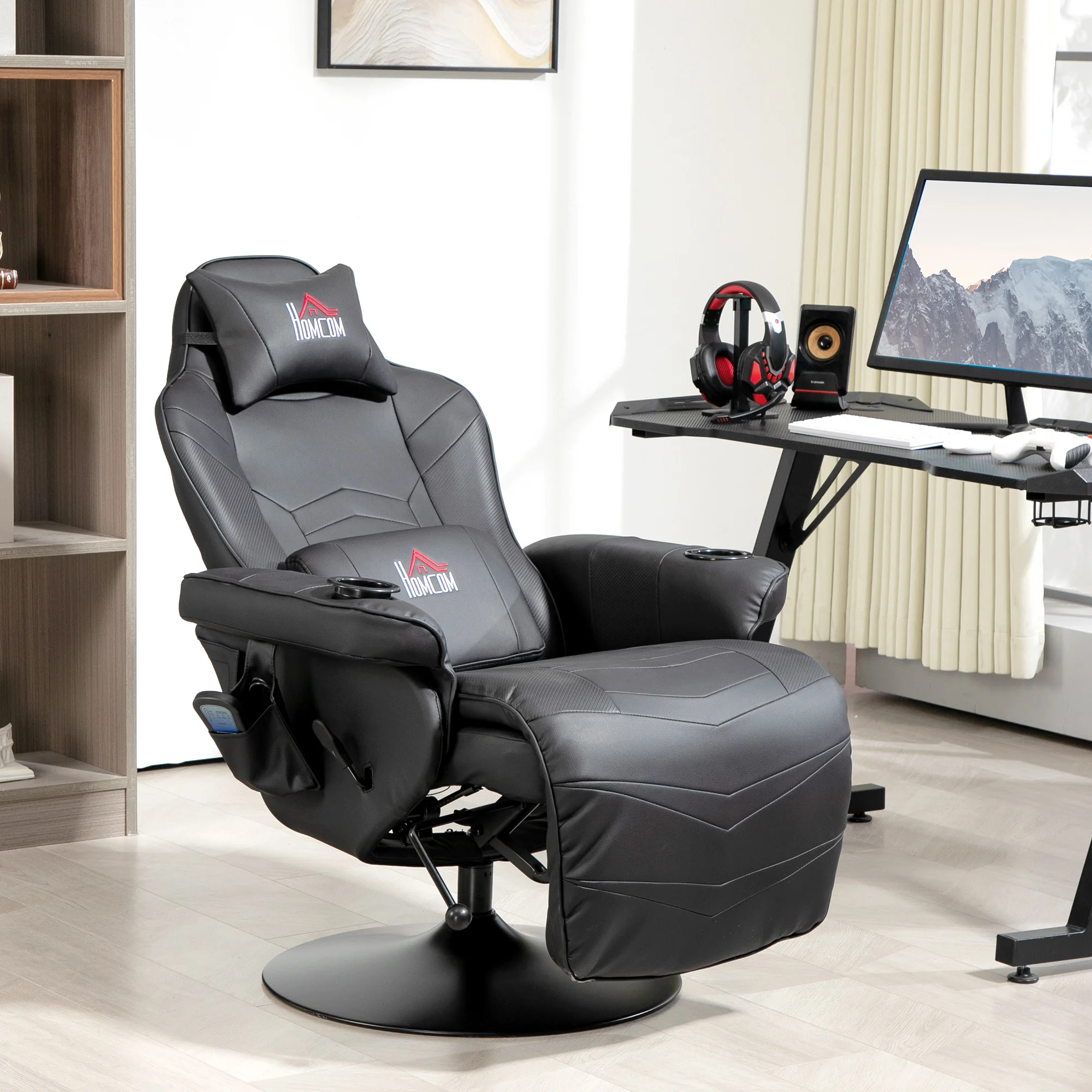 Gamingsessel Massagefunktion neigbare Lehne Fußstütze bis 120kg Kunstleder Schwarz