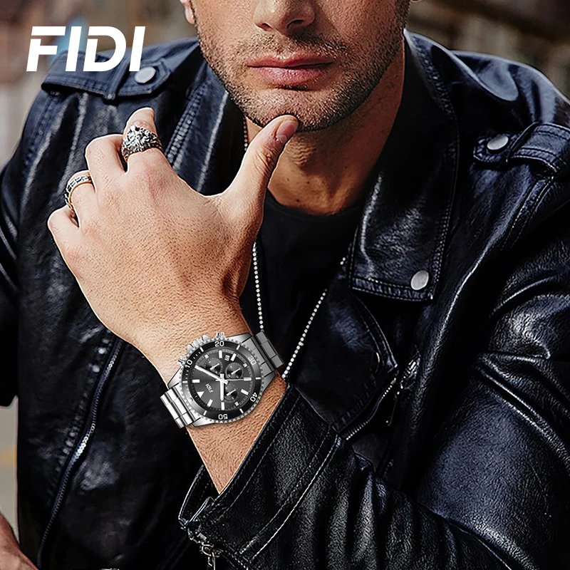 Regali FIDI Orologi di moda per uomo Sport Orologio al quarzo con cinturino in acciaio inossidabile impermeabile Orologio luminoso da uomo d'affari di lusso FD106