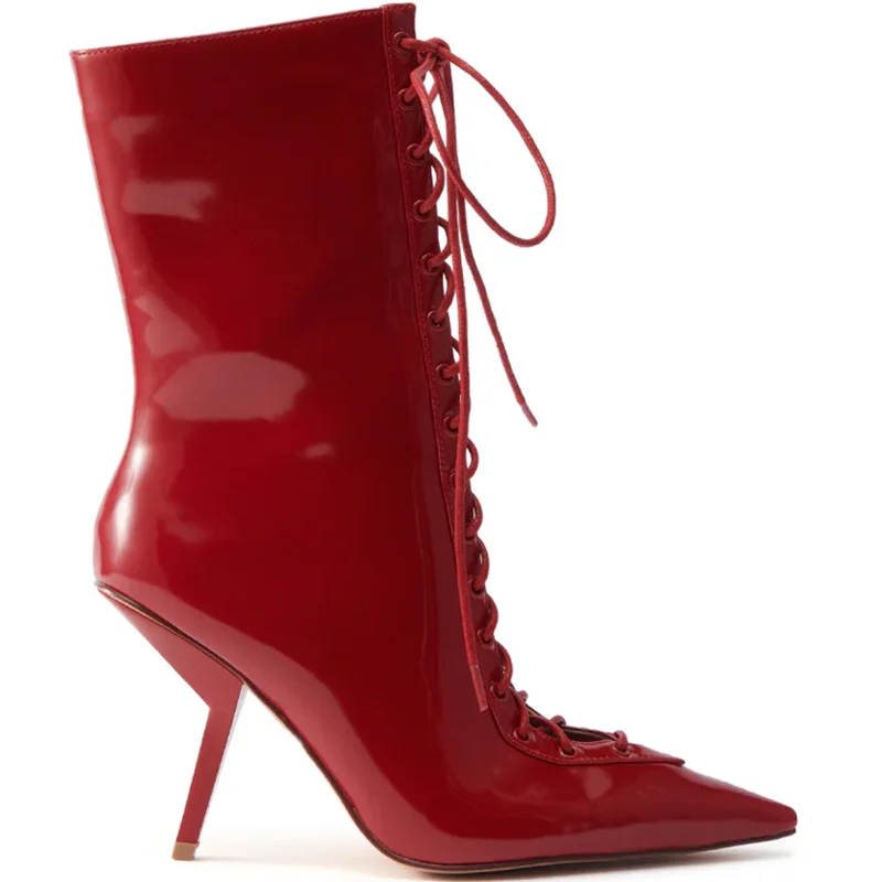 

Cross Strap Slanted Heels Hollow Out Boots Sexy Pointed Toe Shiny Patent Leather New Arrivals Fashion Women Modern Boots