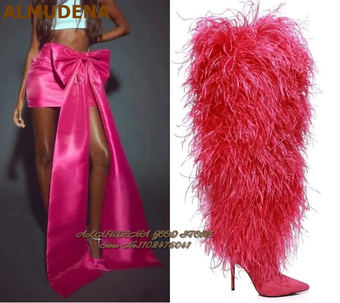 ALMUDENA Watermelon Red Long Fluffy Boots Fringe Over The Knee Fur Thigh High Boots Sky High Heel Pointy Toe Plush Dress Shoes