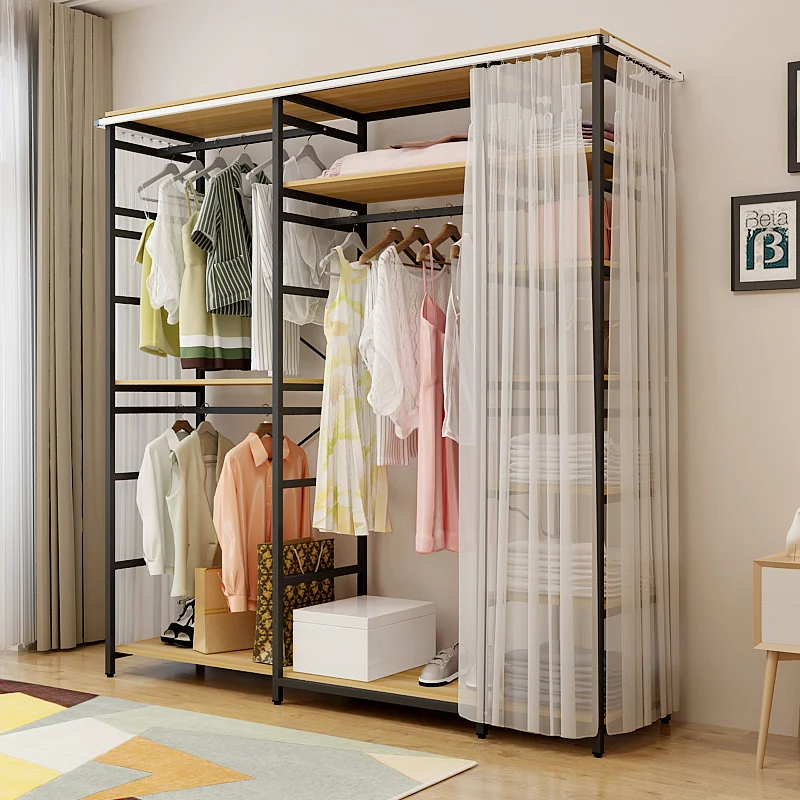 Easy Assembly 50cm Thick Metal Double-Layer Wardrobe For Bedroom Rental Use Open Rack Floor-standing Display Cabinet