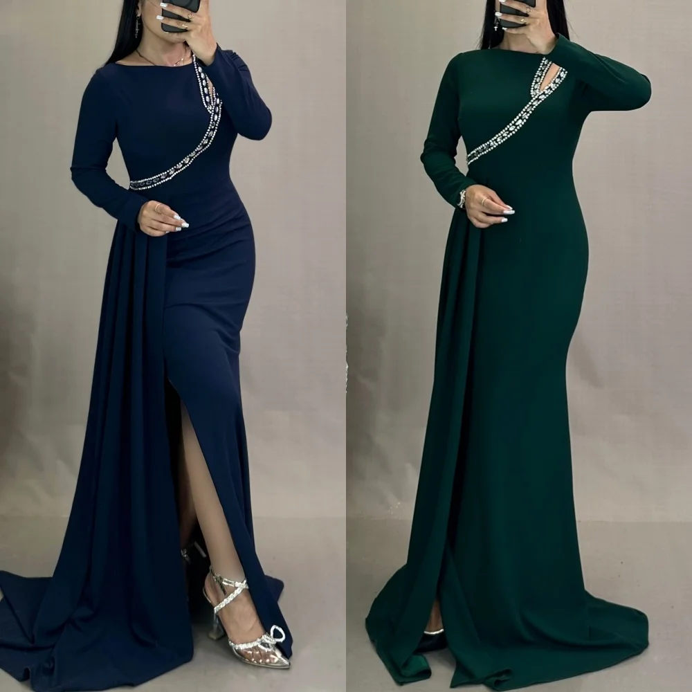 Customized High Quality Classic Jersey Rhinestone Pleat Mermaid Scoop Neck Long Dresses Bespoke Occasion Dresses Matching Sexy