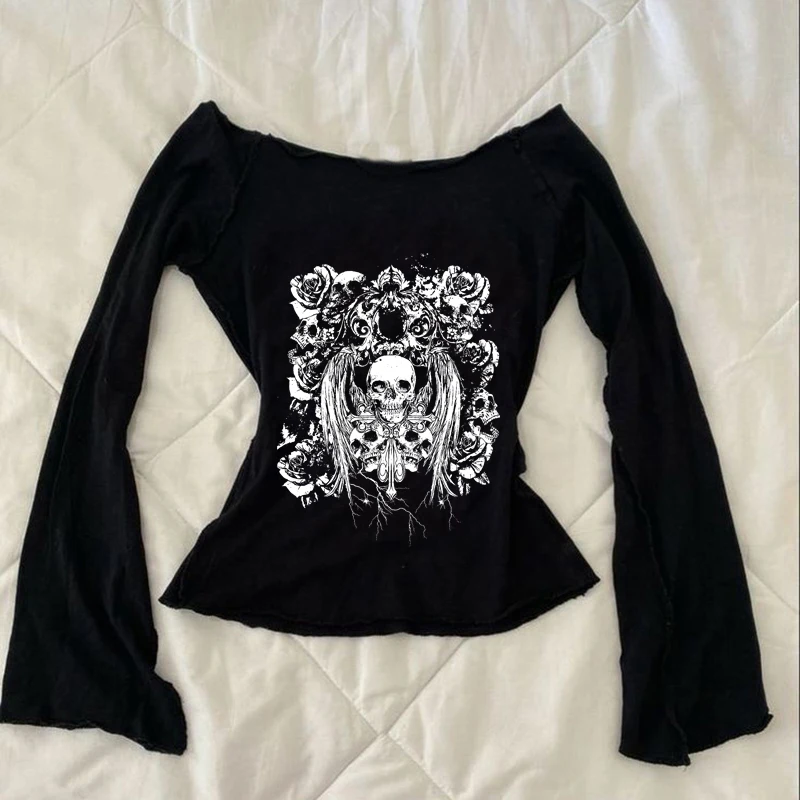 Retro gothic Fake Two-piece Printed T-shirt Women summer Y2K Streetwear Hot Girl Slim Off Shoulder Millennium Harajuku Casual image 4