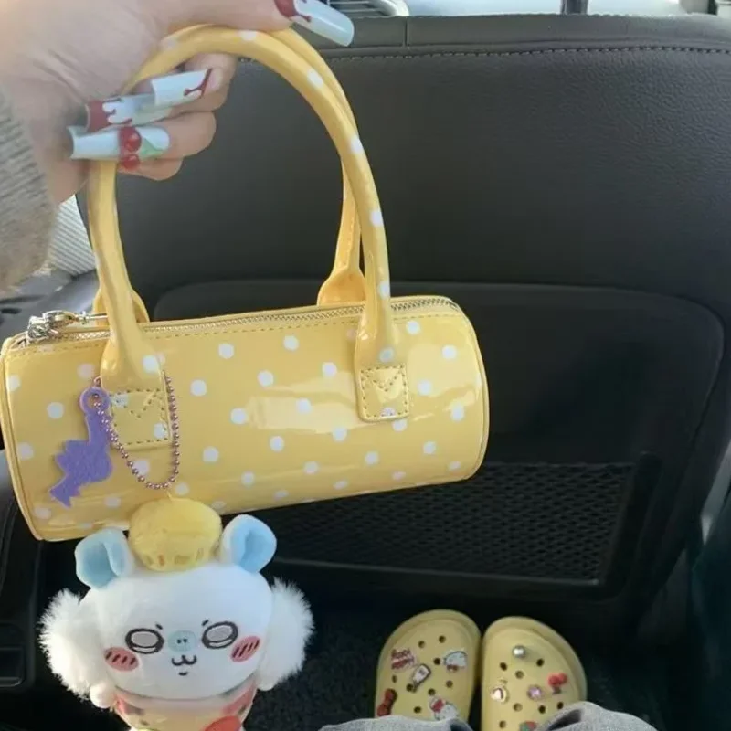 

Dots Print Korean Barrel Handbags PU Leather Cute Girl Shoulder Bag Adjustable Strap Casual Crossbody Bags Zipper Bags For Women