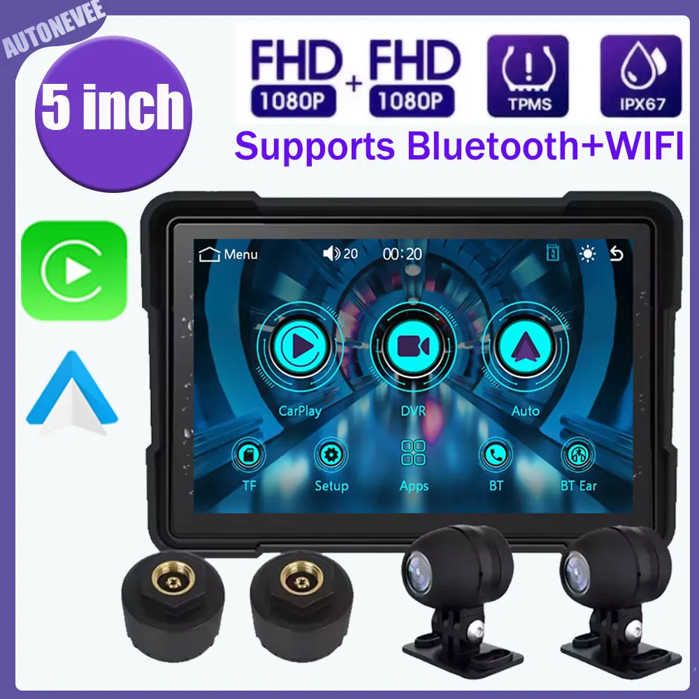 

For Motorcycle Carplay Waterproof 1080P 5 Inch Wireless Android-Auto DVR Monitor WiFi Dash Cam Navigation GPS TPMS Portable