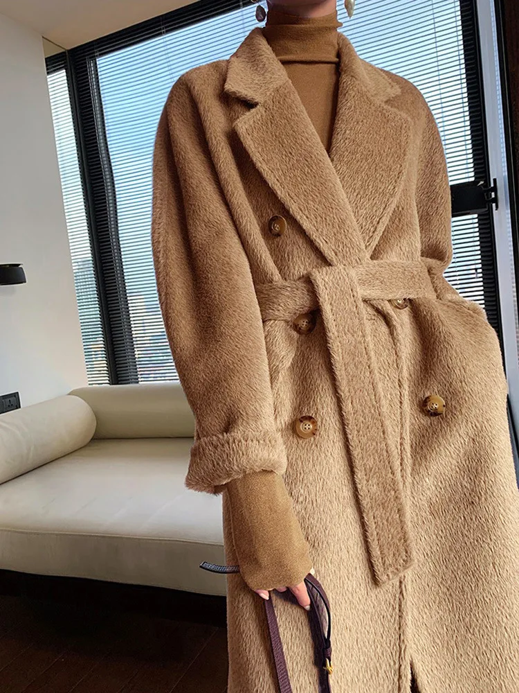 

High Grade Sheep Camel Hair Coat for Women's Mid Length 100% Alpaca Winter Thickened Warm Woolen Coat