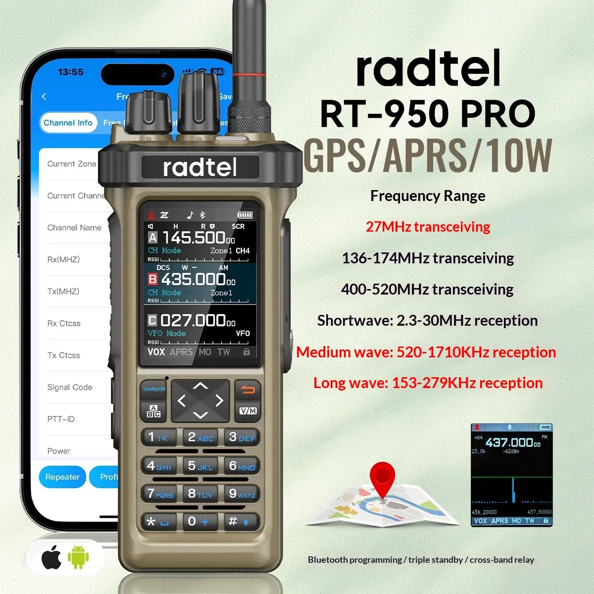 Radtel RT-950 Pro Sand Color Two Way Radio AM/FM/CW Aviation Band Receiver Handheld Ham Radio Walkie Talkie