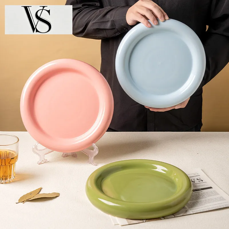 Plate Course Main Decorative Tray Decor Party Cream-Colored Ceramic Round Thick-Rimmed Plate Doughnut Household Restaurant