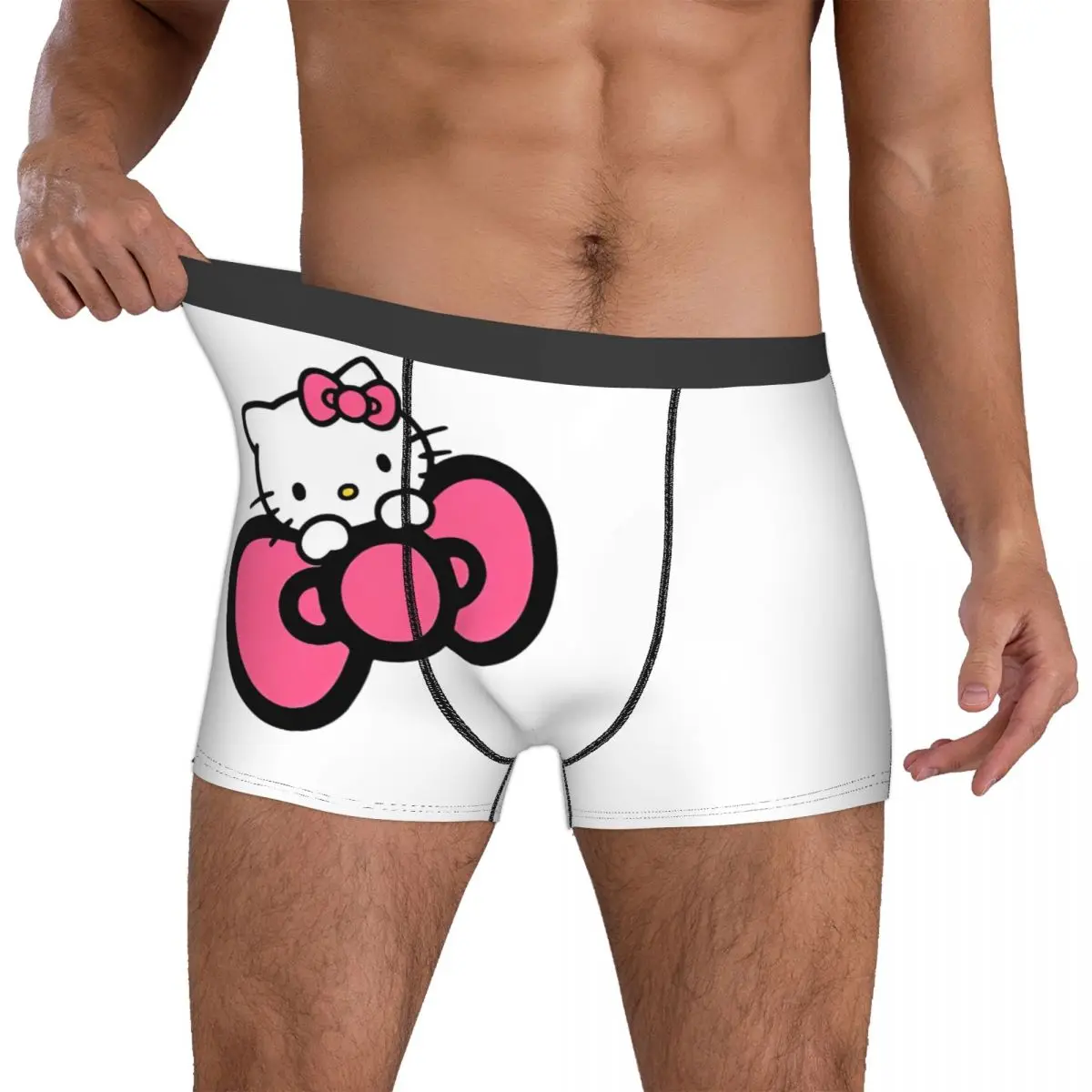 Men Cute Pink Hello Kitty Hold Bowknot Boxers Funny Gifts Underwear Shorts Men\'s Boxer Briefs Quilt Underpants Ultra Soft