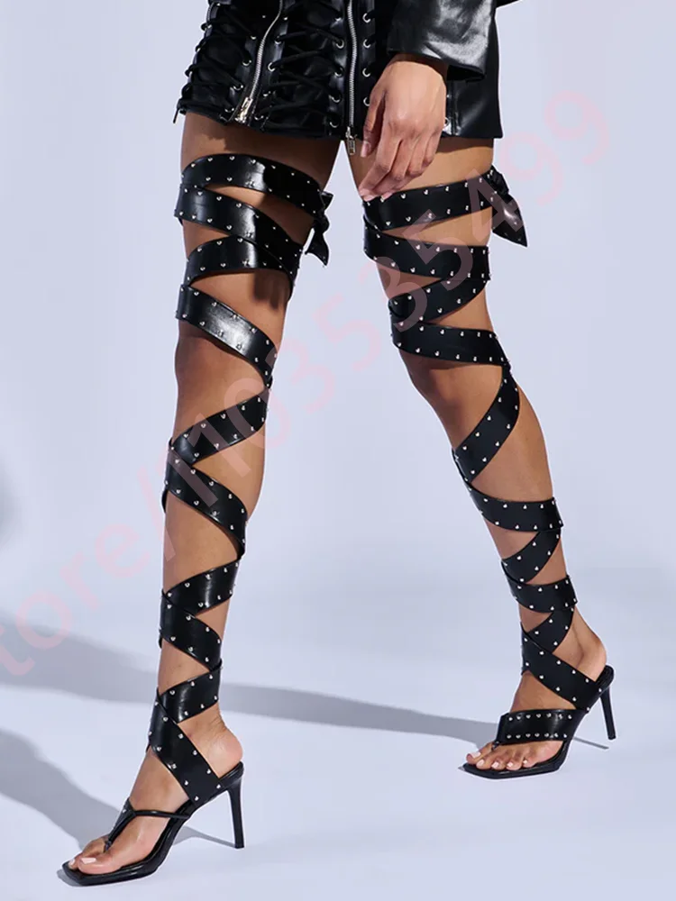 Black Rivet Straps Women's Over Knee Boots 2025 Summer New Clip-Toe Sexy Catwalk Stiletto Roman Boots Fashion Party Casual Boots