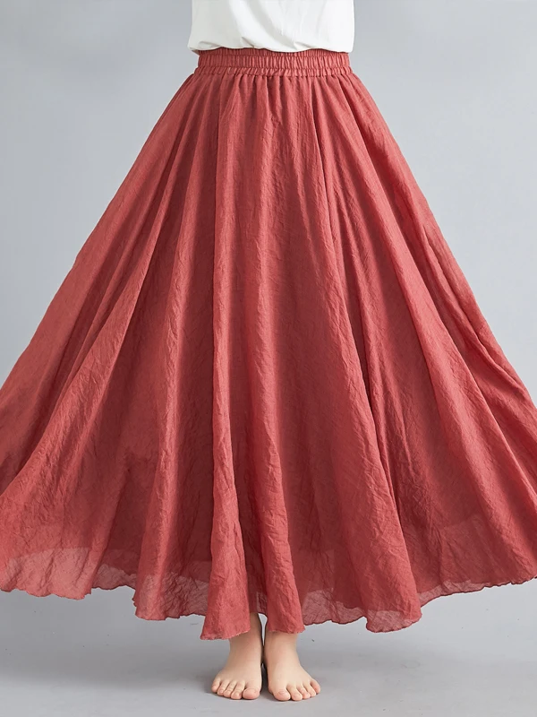 

Летняя легкая хлопково-льняная юбка А-силуэта, длинная однотонная юбка миди в художественном стиле для женщин, дышащая, свободного кроя, для повседневной носки