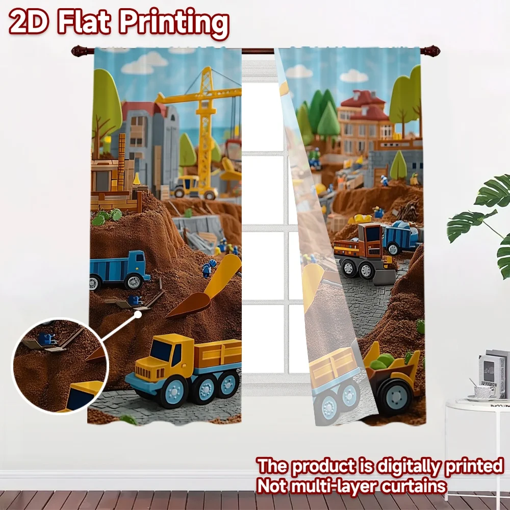 2D flat 2pcs Curtain French Romantic Style Busy Construction Site Durable polyester fiber Festive Wall Decor Use for All Season