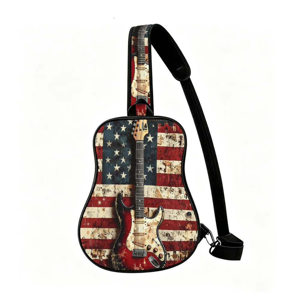 American flag art Men's Guitar Chest Bag, Sling Bag,  Print Crossbody Pack with Zipper, Work Commute Bag, Present for Birthday