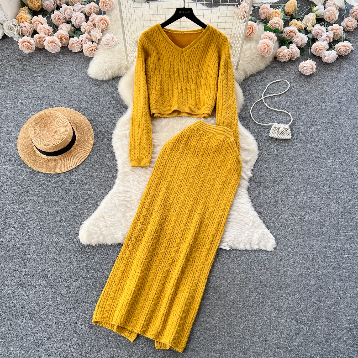 

Women Chic Retro crop top Two Pieces Sets Autumn basics knit sweet High Waitst Wide Skirt Fashion Summer Sets