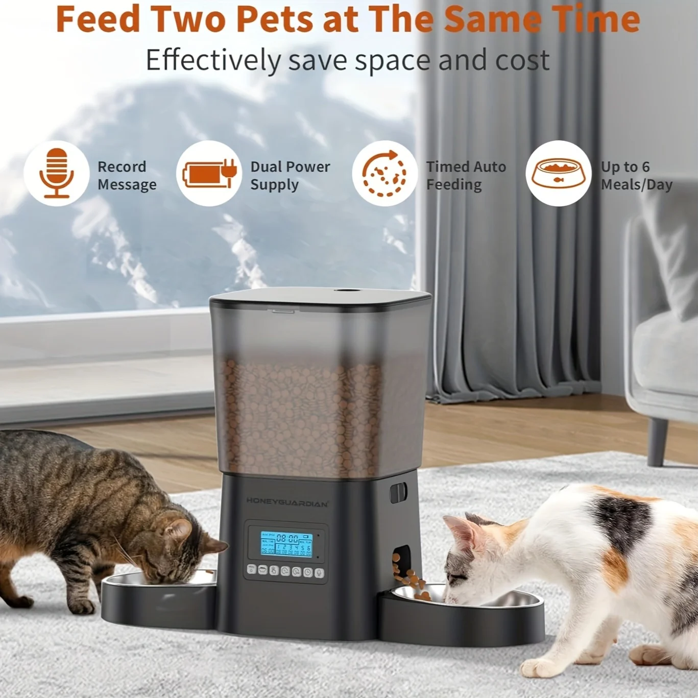 

HONEYGUARIDAN Automatic Cat Feeders for 2 Cats, 118.35oz Cat Food Dispenser with Double Bowls, Two Way Splitter Cat Feeder for Dry Food, Programmable 1-6 Meals Control, Dual Power Supply, Without Battery