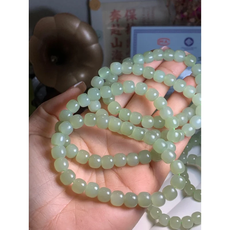 Natural Hetian Jade Qinghai Material*8 Old Type Beads Bracelet Sunny Color