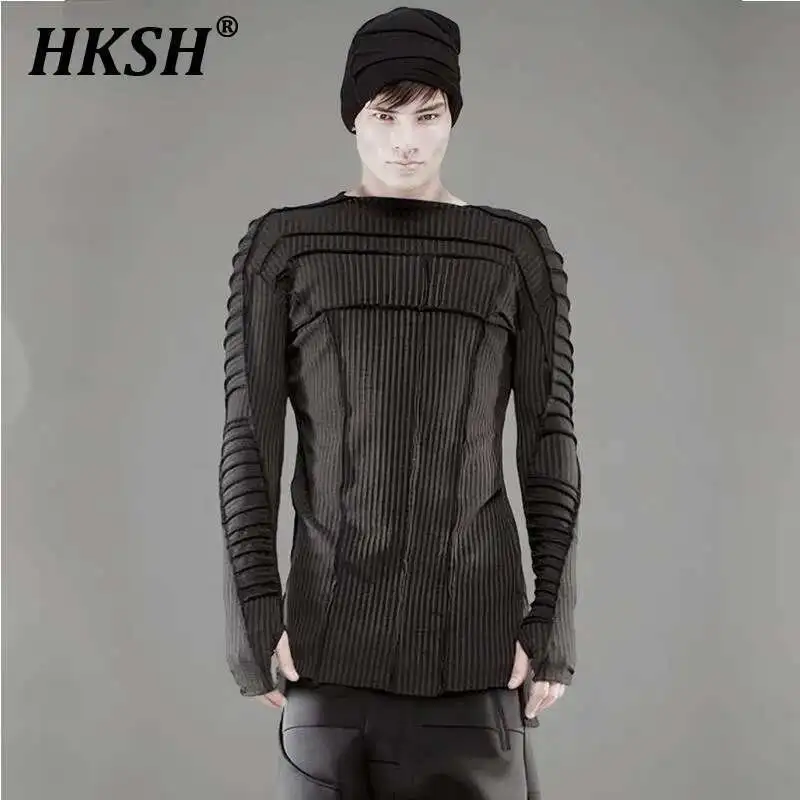 HKSH Spring Autumn New Men Chic Waste Land Layered Pleated Deconstruction Asymmetric Fit Strip Cotton Long Sleeve T-shirt HK4204